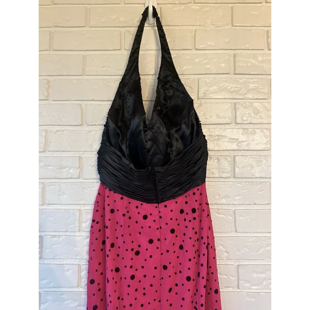 Tiffany Designs Size 10 Hot Pink Black Polka Dot‎ Beaded Halter Prom Gown Y2K